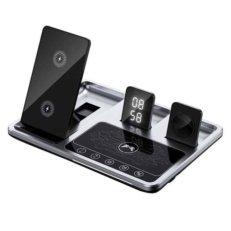 R11 Multifunctional 4 in 1 Wireless Charger Folding Portable Charging Station with Digital Display, White Light, Time Function ( Silver ) R11 Multifunctional 4 in 1 Wireless Charger Folding Portable Charging Station with Digital Display, White Light, Time Function ( Silver )